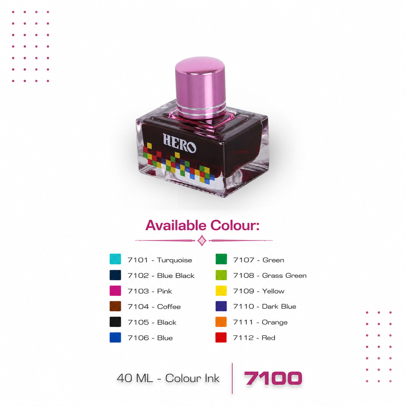 Hero 7100 Fountain Pen Colour Ink Set – 12 Colours 40ml