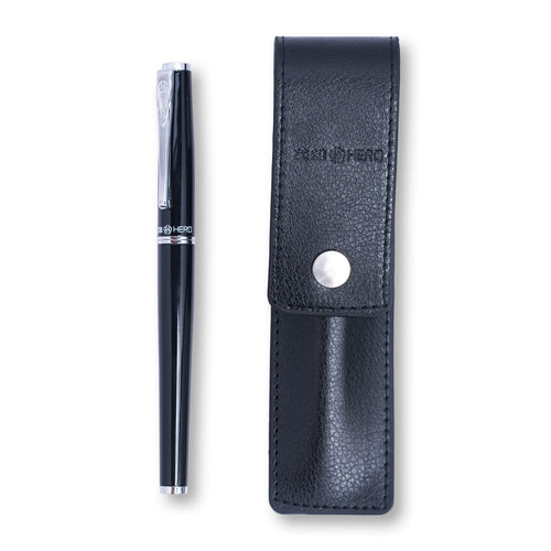Black pen with silver accents and a matching black leather case on a white background