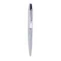 A slim ballpoint pen with a polished silver chrome body and a white grip section, shown vertically against a plain white background.