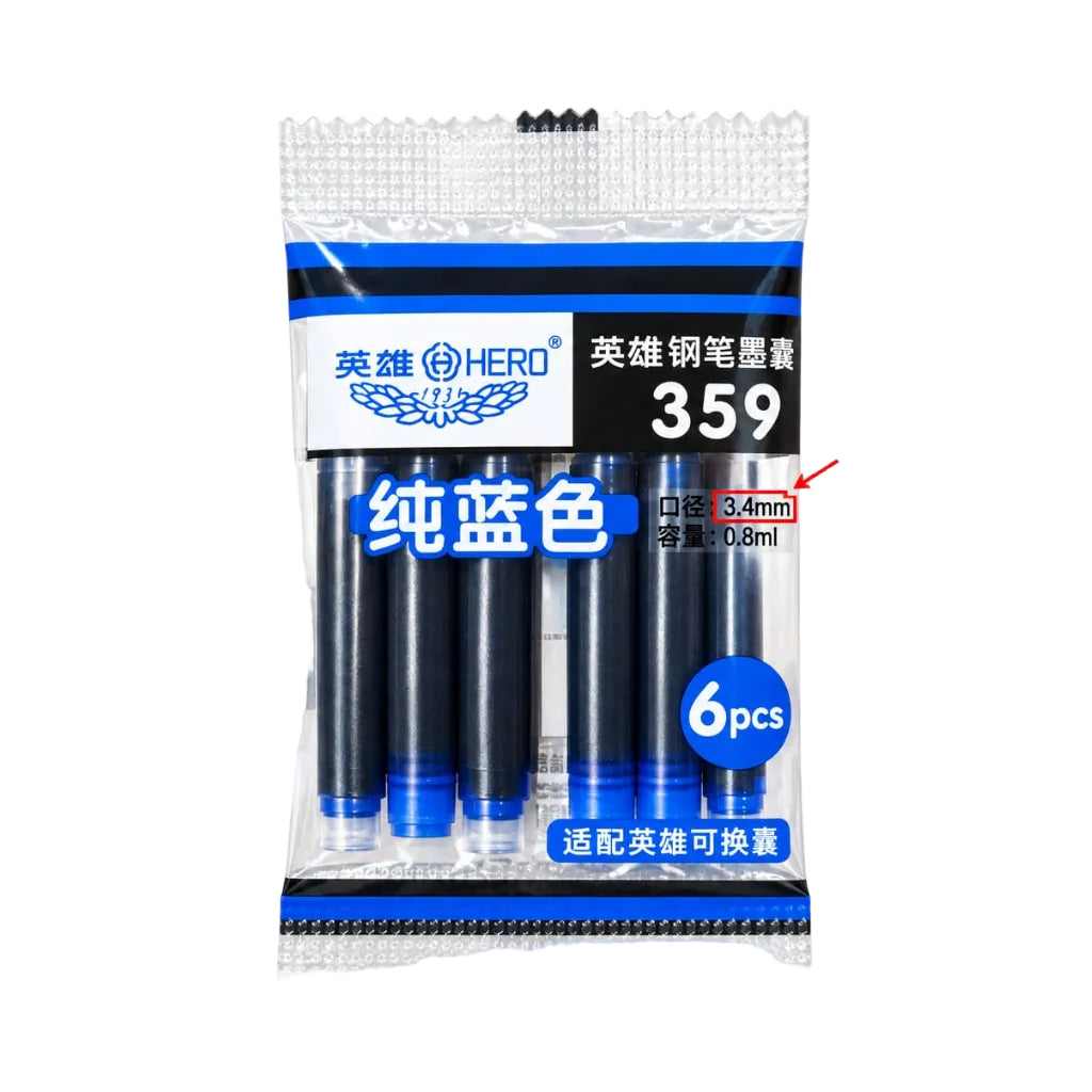 A package of 6 blue steel pen ink cartridges, branded HERO, in a clear plastic bag with blue and black labeling. The text indicates a tip size of 0.